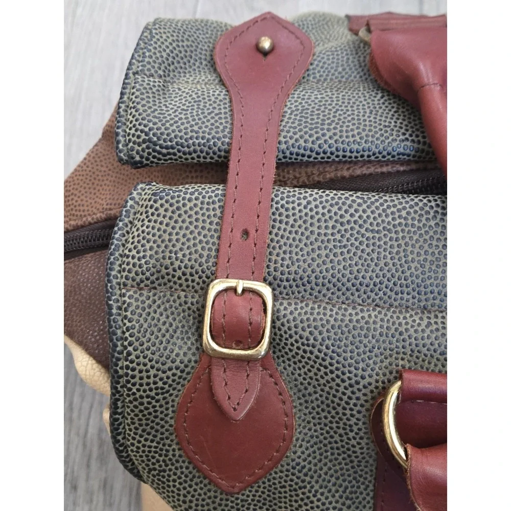 Vintage Tommy Bahama Mens Travel Duffel Bag Leather Green Beige Luggage Straps